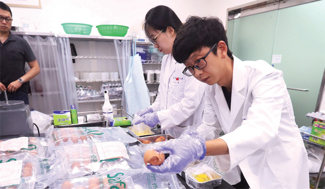 경기 안양시 국립농산물품질관리원 경기지원 분석실에서 관계자들이 달걀을 검사하고 있다.