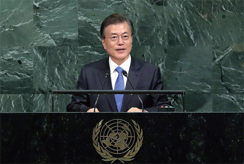 문재인 대통령이 지난 9월 21일 뉴욕 유엔본부 총회 회의장에서 기조연설을 하고 있다.
