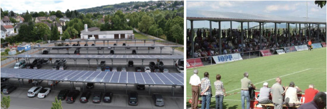 독일 오덴빌트 에너지협동조합이 설치한 주차장 태양광 패널과 축구장 관중석 지붕을 태양광 패널로 설치한 이미지