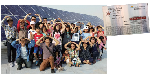 태양과바람에너지협동조합조합원 가족들이 난지물재생센터 옥사에 설치된 3호 발전소 앞에서 진행한 기념 촬영