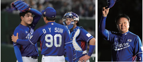 지난해 11월 16일 일본 도쿄돔에서 열린 아시아프로야구챔피언십(APBC) 한국과 일본의 경기. 9회말 1사상황에서 선동열 감독이 김윤동을 격려하고 있다.