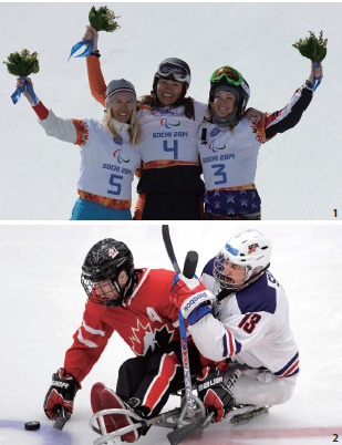 2014년 3월 14일 비비안 멘텔 스피(가운데)가 소치동계패럴림픽 여자 스노보드 크로스스탠딩에서 금메달을 획득했다.