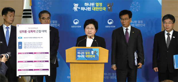 정현백 여성가족부 장관이 직장 및 문화예술계 성희롱 성폭력 근절 대책을 발표하고 있다.