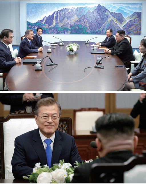 문 대통령과 김 위원장이 평화의 집에서 정상회담을 하고 있다(좌측부터 서훈 국가정보원장, 문 대통령, 임종석 대통령비서실장, 김영철 조선노동당 중앙위 부위원장, 김 위원장, 김여정 조선노동당 중앙위 제1부부장.