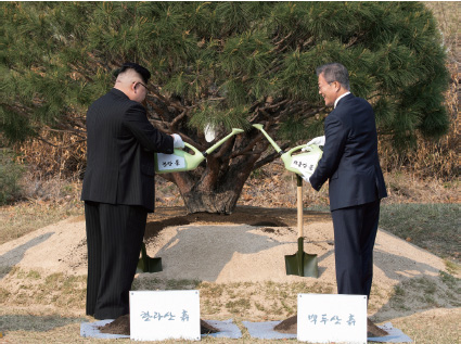 ‘반송’을 심은 뒤 한강수와 대동강물을 주고 있는 문재인 대통령과 김정은 위원장.