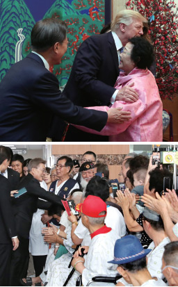 도널드 트럼프 미국 대통령이 2017년 11월 7일 청와대에서 열린 국빈만찬에서 일본군위안부 피해자 이용수 할머니와 포옹하며 인사하고 있다. 이용수 할머니는 위안부 피해자를 다룬 영화, ‘아이 캔 스피크’의 실제 주인공이다.