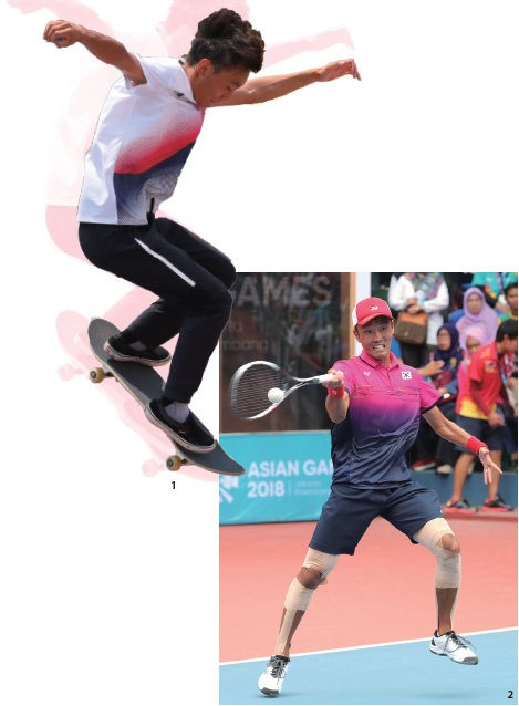 은주원이 8월 29일 남자 스케이트보드 스트리트 결선에서 기술을 시도하고 있다.