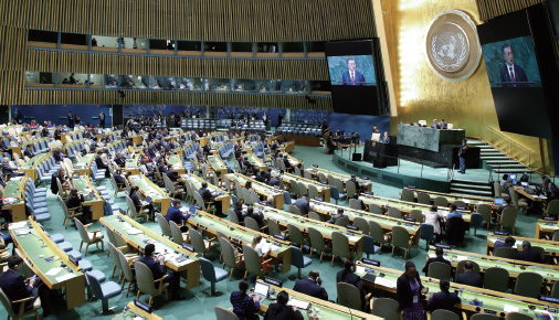 문 대통령의 기조연설을 듣고 있는 유엔총회 참석자들 문 대통령의 기조연설을 듣고 있는 유엔총회 참석자들