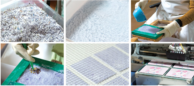 종이정원 제작과정. 지역에서 기부 받은 파쇄종이를 물에 충분히 불려 종이죽으로 만든다. 묽은 반죽을 틀에 붓고 씨앗을 한쪽 귀퉁이에 넣는다. 종이정원 제작과정. 지역에서 기부 받은 파쇄종이를 물에 충분히 불려 종이죽으로 만든다. 묽은 반죽을 틀에 붓고 씨앗을 한쪽 귀퉁이에 넣는다.