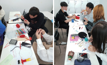 감동노동치유사 수업에서 ‘걱정인형’을 만들고 있는 서울현대직업전문학교 학생들 감동노동치유사 수업에서 ‘걱정인형’을 만들고 있는 서울현대직업전문학교 학생들