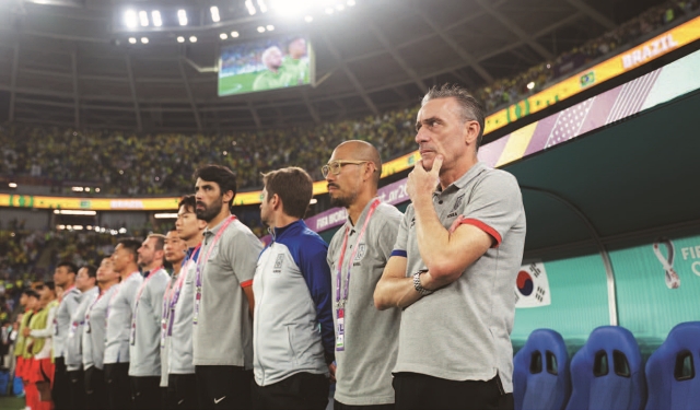 12월 6일 열린 브라질과 16강전에 앞서 파울로 벤투 감독과 코치진이 그라운드를 주시하고 있다.│대한축구협회