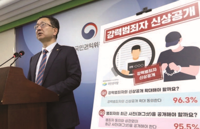 정승윤 국민권익위원회 부위원장이 7월 19일 정부세종청사에서 강력범죄자 신상공개 범위 확대 관련 브리핑을 하고 있다. 사진 국민권익위원회