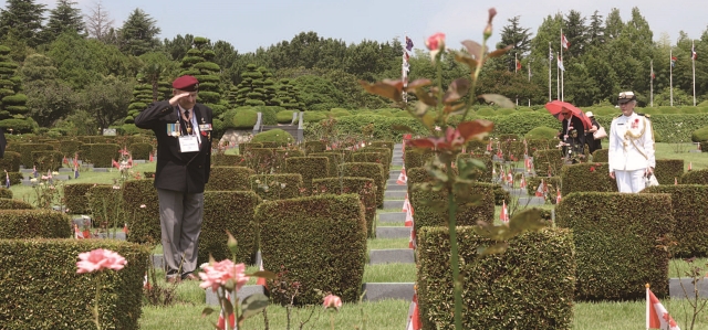 ‘유엔군 참전의 날 및 정전협정 70주년’을 맞아 방한한 유엔참전용사들이 7월 27일 부산 남구 유엔기념공원에서 묘역을 참배하고 있다. 사진 문화체육관광부