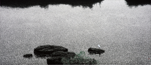 이민한, <산그림자-기다림>, 210&times;87㎝, 화선지에 수묵담채, 2013년
