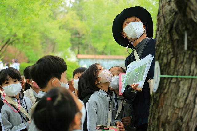 숲이오래 키즈 아카데미에 참여한 아이들 모습. 단체의 경우 6회 차 수업으로 봄부터 겨울까지 사계절을 경험하도록 구성해 진행 중이다. 사진제공 국립수목원 숲이오래