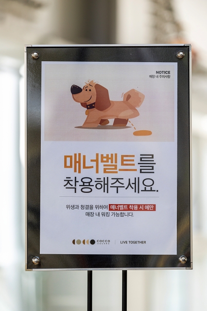 반려동물 동반 식당 내 비치된 매너벨트 착용 안내문. 사진 C영상미디어