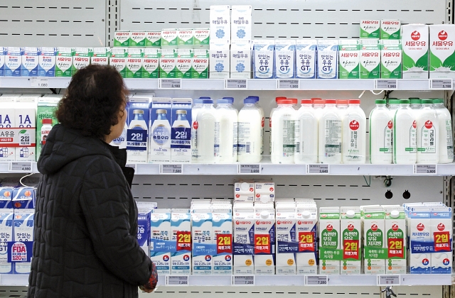 서울 시내 한 대형마트의 유제품 코너에서 소비자가 우유를 고르고 있다. 사진 뉴시스
