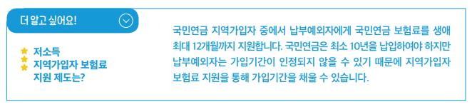 국민연금 지역가입자 중에서 납부예외자에게 국민연금 보험료를 생애 최대 12개월까지 지원합니다. 국민연금은 최소 10년을 납입하여야 하지만 납부예외자는 가입기간이 인정되지 않을 수 있기 때문에 지역가입자 보험료 지원을 통해 가입기간을 채울 수 있습니다.