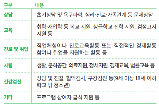 상담, 교육, 진로 및 취업, 자립, 건강검진, 기타 지원내용
