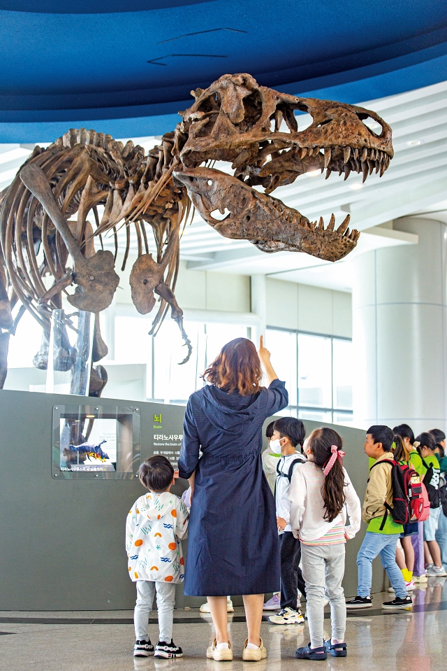 어린이들이 국립과천과학관에서 열리고 있는 ‘세계 최대 티라노사우루스’ 전시를 관람하고 있다. 사진 C영상미디어