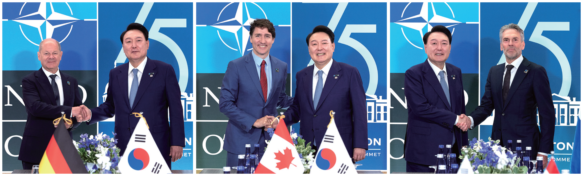 윤석열 대통령이 7월 10일(현지시간) 북대서양조약기구(NATO·나토) 정상회의가 개최된 미국에서 열린 각국 정상회담에 임하고 있다. 왼쪽부터 올라프 숄츠 독일 총리, 저스틴 트뤼도 캐나다 총리, 딕 스코프 네덜란드 총리. 사진 대통령실