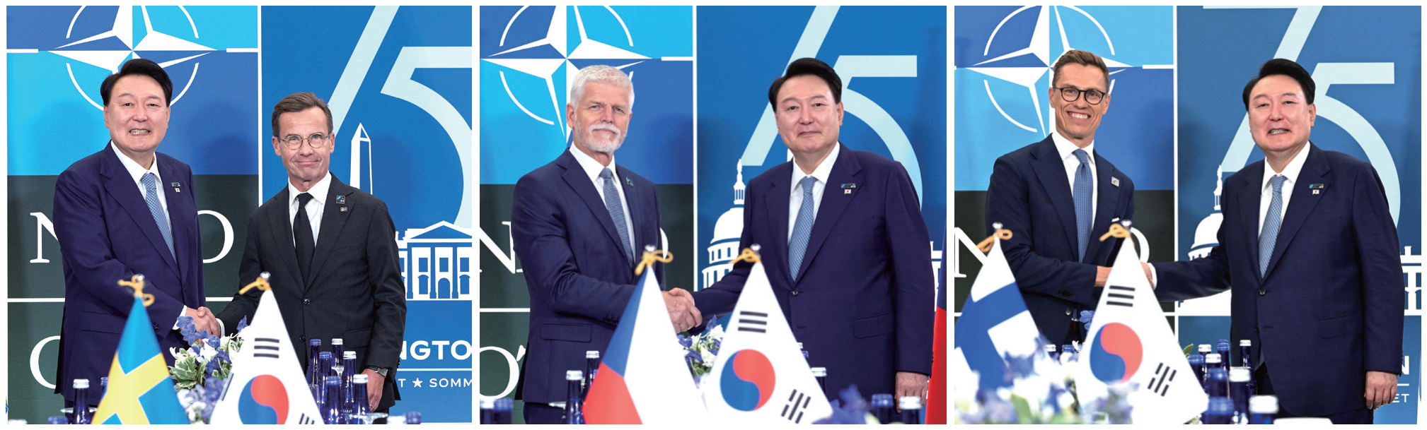 윤석열 대통령이 7월 10일(현지시간) 북대서양조약기구(NATO·나토) 정상회의가 개최된 미국에서 열린 각국 정상회담에 임하고 있다. 왼쪽부터 울프 크리스터손 스웨덴 총리, 페트르 파벨 체코 대통령, 알렉산더 스툽 핀란드 대통령. 사진 대통령실
