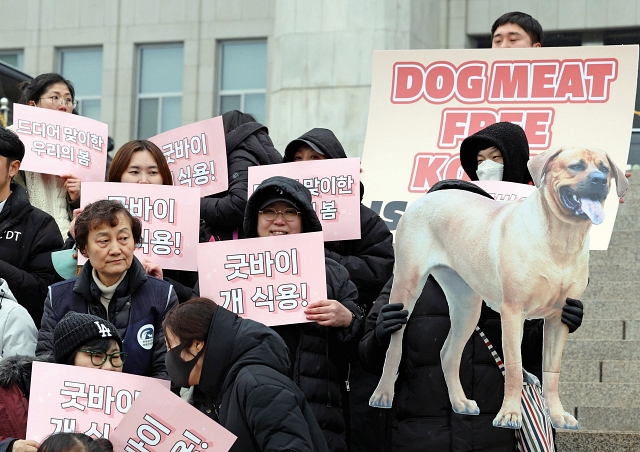 ‘개식용종식법’이 국회 본회의를 통과한 지난 1월 9일 오후 ‘개식용 종식 특별법 제정 환영 기자회견’에서 동물자유연대 회원 등 참가자들이 환영 피켓을 들고 있다. 사진 뉴시스