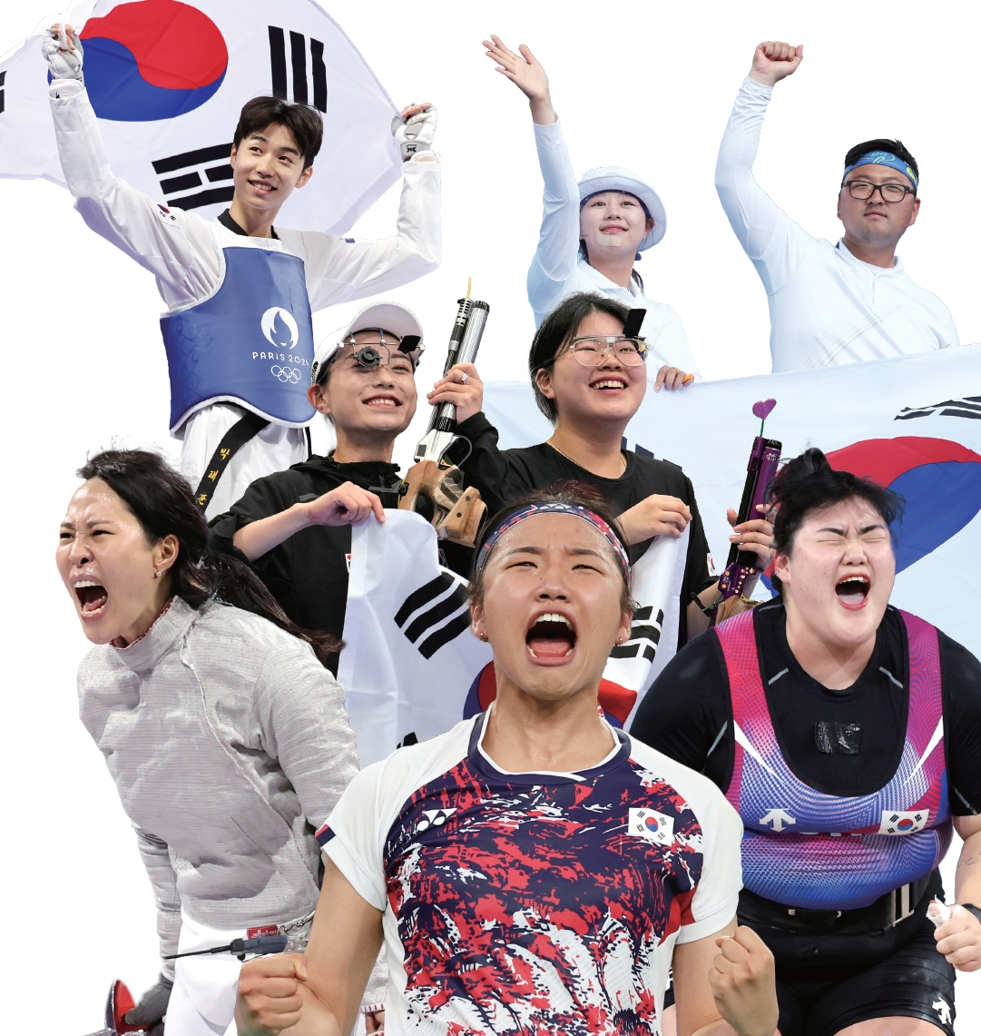 (왼쪽 위부터 시계방향) 태권도 남자 58kg급 금메달 수상자 박태준. 양궁 혼성전에 출전해 금메달을 수상한 임시현과 김우진. 대회 마지막 날 역도 여자 81kg 이상급 경기에서 은메달을 수상한 박혜정. 28년 만에 올림픽 여자 단식 금메달을 획득한 배드민턴 여제 안세영. 펜싱 여자 사브르 단체(윤지수, 전하영, 최세빈, 전은혜) 결승전에서 은메달을 수상한 전은혜, 여자 10m 공기권총 결승에서 최고의 승부를 선보인 오예진과 김예지. 사진 뉴시스