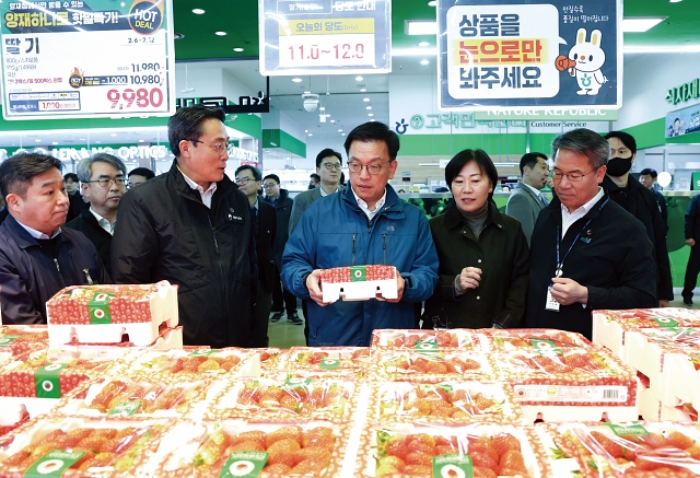 최상목 대통령 권한대행 부총리 겸 기획재정부 장관이 2월 6일 서울 서초구 하나로마트 양재점에서 딸기를 살펴보며 물가 상황을 점검하고 있다. 최 권한대행은 이날 민생경제점검회의를 열고 &ldquo;시행령&middot;시행규칙 개정, 정책금융 확대, 한시적 규제 유예 등 정부가 할 수 있는 모든 정책 수단을 총동원해 민생경제 회복에 나서겠다&rdquo;고 밝혔다. 사진 뉴시스