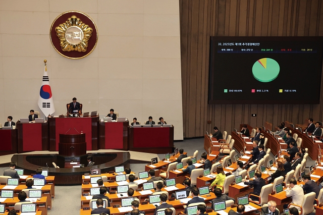 5월 1일 국회에서 열린 제424회 국회(임시회) 제7차 본회의에서 2025년도 제1회 추가경정예산안이 통과되고 있다. 사진 뉴시스