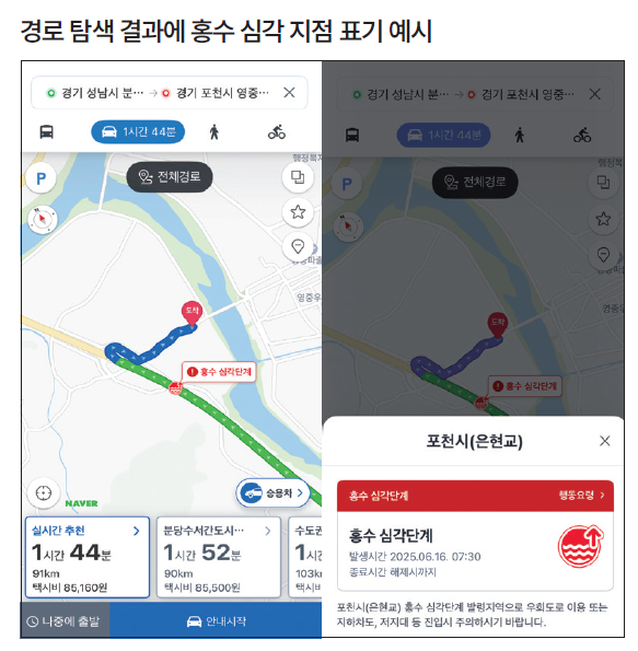 정부는 6월 30일부터 집중호우 등에 대비해 홍수기 고위험 도로 구간에 대한 정보를 내비게이션으로 실시간 제공하기 시작했다. 자료 과학기술정보통신부