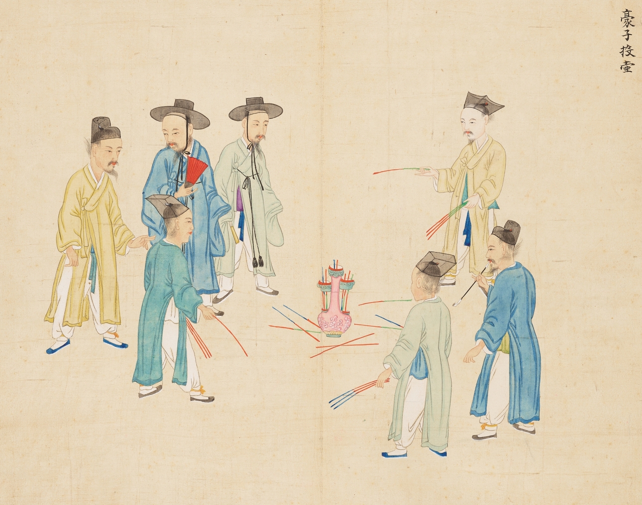 김준근, ‘투호놀이’, ‘기산풍속화첩’, 비단에 색, 31.5×39㎝, 국립중앙박물관