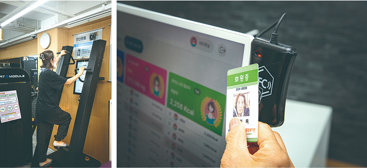 (왼쪽) 논현노인종합복지관 스마트피트니스센터에서 한 회원이 AI 유산소 운동 기구 '클라이밋'으로 운동을 하고 있다. (오른쪽) 스마트피트니스센터에서는 회원증 하나로 모든 기구를 사용할 수 있다. 사진 C영상미디어
