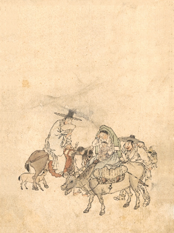 김홍도. '나들이'. '단원풍속도첩', 종이에 연한 색 28x24cm, 국립중앙박물관