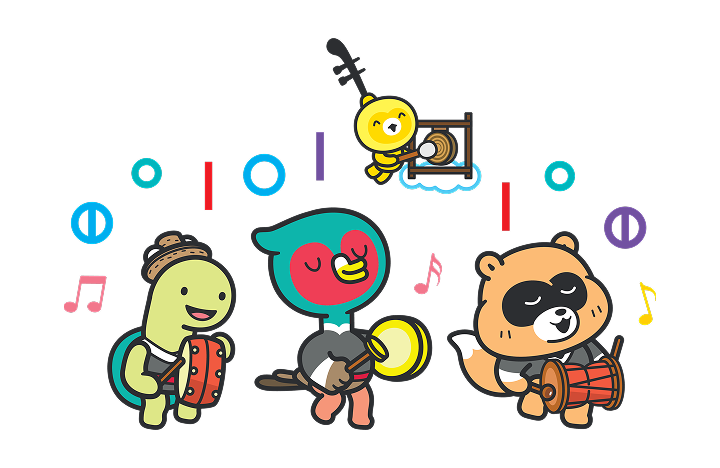 2025 영동세계국악엑스포의 마스코트인 (왼쪽부터) 거북, 꽹과리, 해금이, 장구리다. 마스코트들을 둘러싼 워드마크는 우리 국악의 장단을 표현한 &lsquo;덩&rsquo;, &lsquo;따&rsquo;, &lsquo;쿵&rsquo;이다. 사진 2025영동세계국악엑스포