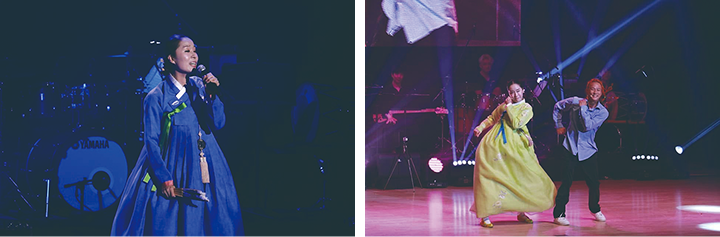 2019년 6월 27일 박애리씨와 남편 팝핀현준이 무대에서 함께 판소리와 댄스를 선보이고 있다. 사진 서산시 문화회관