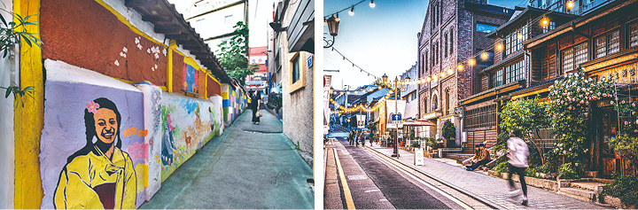 (왼쪽) 레트로한 분위기가 느껴지는 개항로 골목의 벽화. (오른쪽) 근대건축물들이 밀집해 있는 인천 중구 '개항장 문화지구'의 해 질 녘 모습. 거리를 따라 시간 여행을 하는 듯한 이색적인 풍경이 이어진다. 사진 C영상미디어