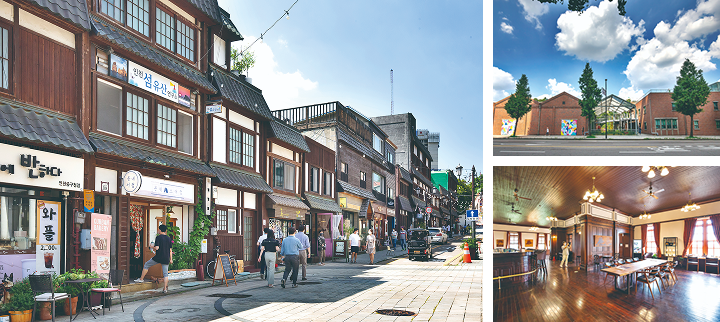 (왼쪽) 일본식 건축물이 이어지는 개항장 거리는 늘 관광객들의 발길이 이어진다. (오른쪽 위) 각종 문화행사가 열리는 '인천아트플랫폼'. (오른쪽 아래) 개항기 인천에 거주하던 외국인들의 사교장으로 지어진 제물포구락부 건물은 현재 복합문화공간으로 운영되고 있다. 사진 C영상미디어