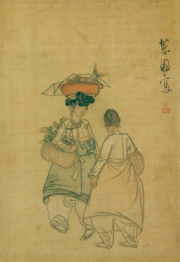 신윤복, ‘저잣길’, 비단에 연한 색, 29.7×28.2㎝, 국립중앙박물관