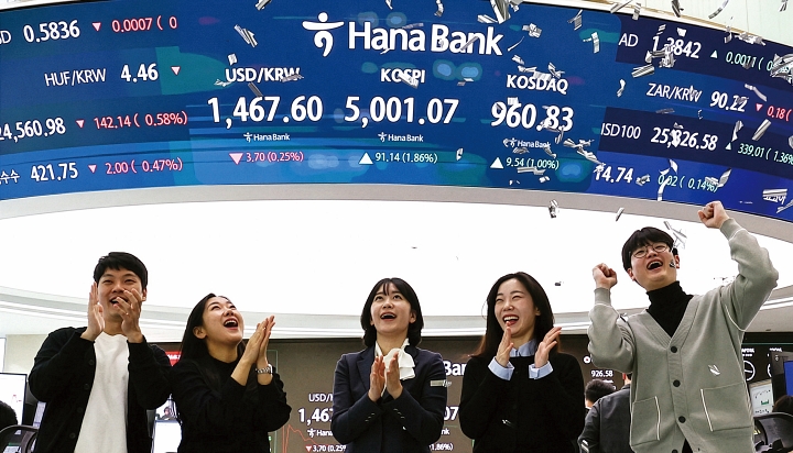 코스피 5000 시대가 열린 1월 22일 오전 서울 중구 하나은행 딜링룸에서 관계자들이 코스피 5000 돌파를 축하하고 있다. 이날 코스피는 전 거래일(4909.93)보다 77.13포인트(1.57%) 상승한 4987.06에 개장했다. 사진 뉴시스