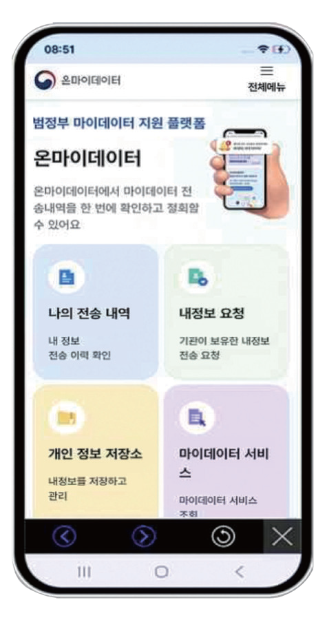 ‘온마이데이터’ 앱 메인 화면.