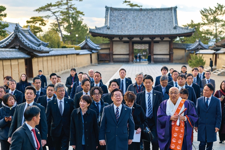 방일 일정 이틀째인 1월 14일 이재명 대통령이 다카이치 사나에 일본 총리와 함께 나라현 대표 문화유적인 호류지를 둘러보고 있다. 사진 청와대
