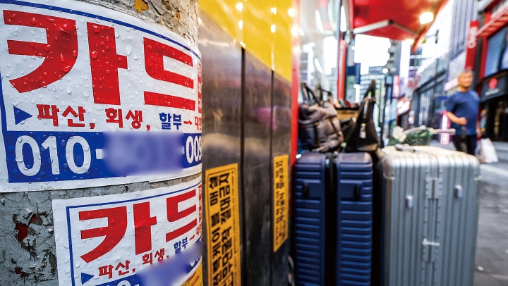 서울 중구 명동의 한 전봇대에 신용카드 대출 광고물이 부착돼 있다. 사진 뉴시스