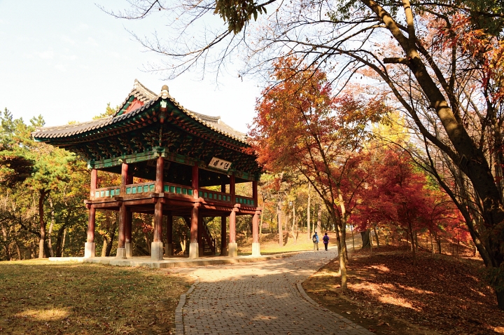 부소산 동쪽의 영일루는 조선시대 관아문이었던 집홍루를 1964년에 부소산성 안으로 이건 후 개명한 건축물이다. 가을이면 단풍이 이어져 부소산 산책에 운치를 더한다. 사진 부여군