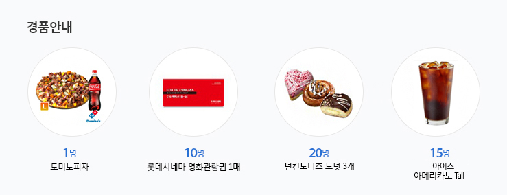 경품안내 - 도미노피자 1명, 롯데시네마 영화관람권 1매 10명, 던킨도너츠 도넛 3개 20명, 아이스 아메리카노 Tall 15명