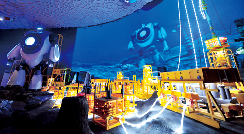 미래에 해양자원탐사 업무를 맡게 될 로봇 ‘네비’가 2040년 해저 6천미터에서 광물을 채취하는 가상 시뮬레이션을 펼쳐보이고 있다.