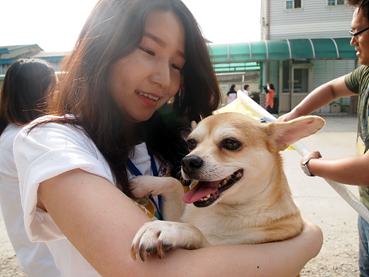 입양의 날 행사에서 강아지를 입양한 한 여성이 행복한 표정으로 입양견을 안고 있다.