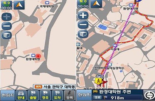 보행자 앱 지도검색(왼쪽)과 경로탐색 화면.