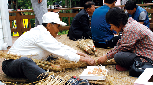 진안군 마을 만들기 사업의 성과를 보여주는 자리인 진안군마을축제의 모습. 한 방문객이 달걀꾸러미 만들기 체험을 하고 있다.