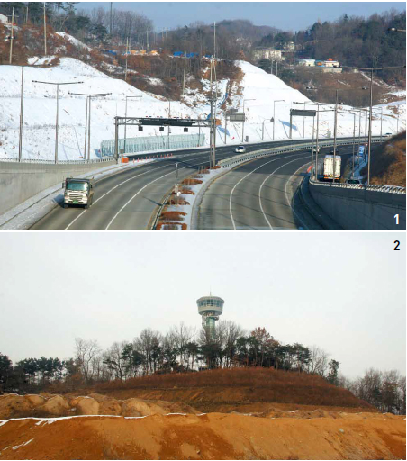 1세종시 서쪽을 관통하는 국도 1호선 구간. 하지만 도시계획에 따라 세종시 구간의 대부분은 서쪽으로 옮겨져 첨단 지하차도로 거듭나게 됐다. 남쪽에서 바라본 밀마루전망대. 맨 위 전망대는 해발 98m로 높은 편은 아니지만 주변이 분지여서 사방 시야에 막힘이 없다.